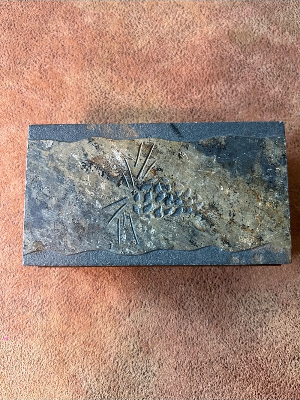 Handcrafted Antique Metal Accent Box with pinecone imprint